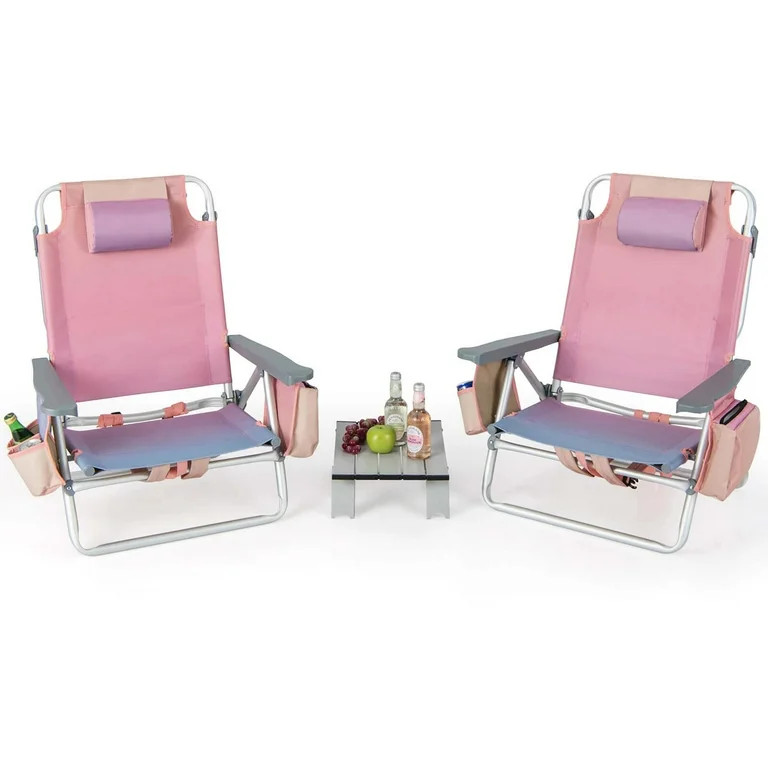 Costway 2-Pack Folding Backpack Beach Chair Table Set 5-Position Outdoor Reclining Chair Pink | Walmart (US)