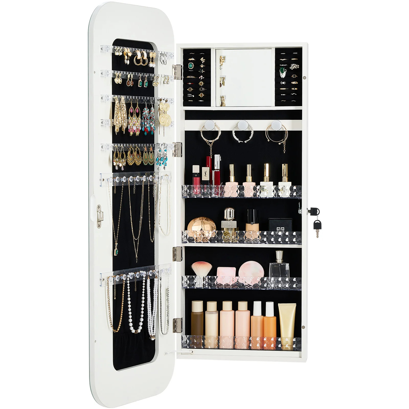 LED Mirror Jewelry Cabinet, 42.5-inch Tall, Full-Length Mirror with Storage, Wall-Mount or Over-the-Door Jewelry Organizer with Lights, Rounded Edges, | Wayfair North America