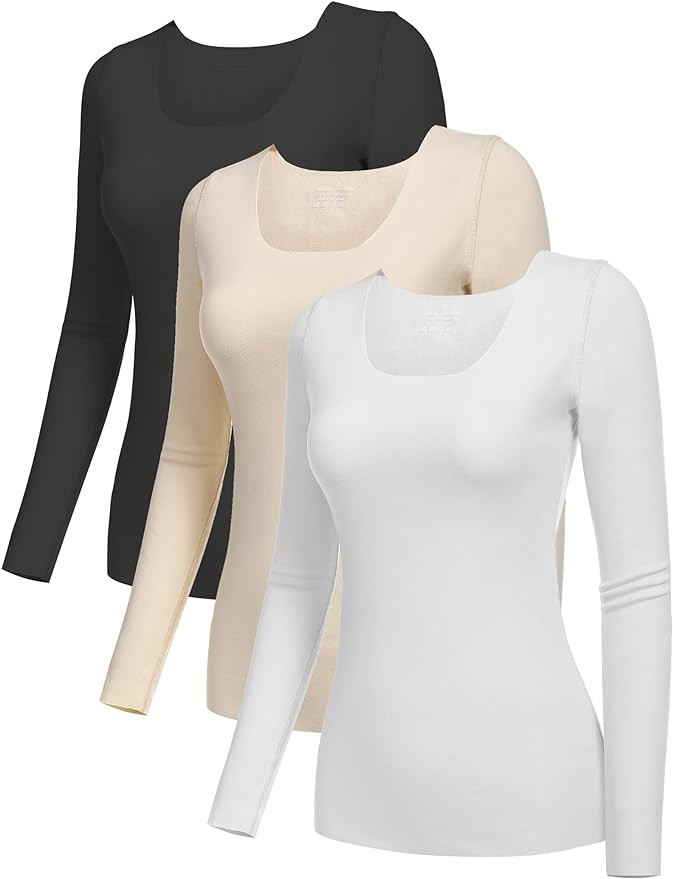 YYA 3 Piece Basic Long Sleeve Shirts for Women Thermal Warm Tops Crew Neck Stretch Fitted Undersh... | Amazon (US)