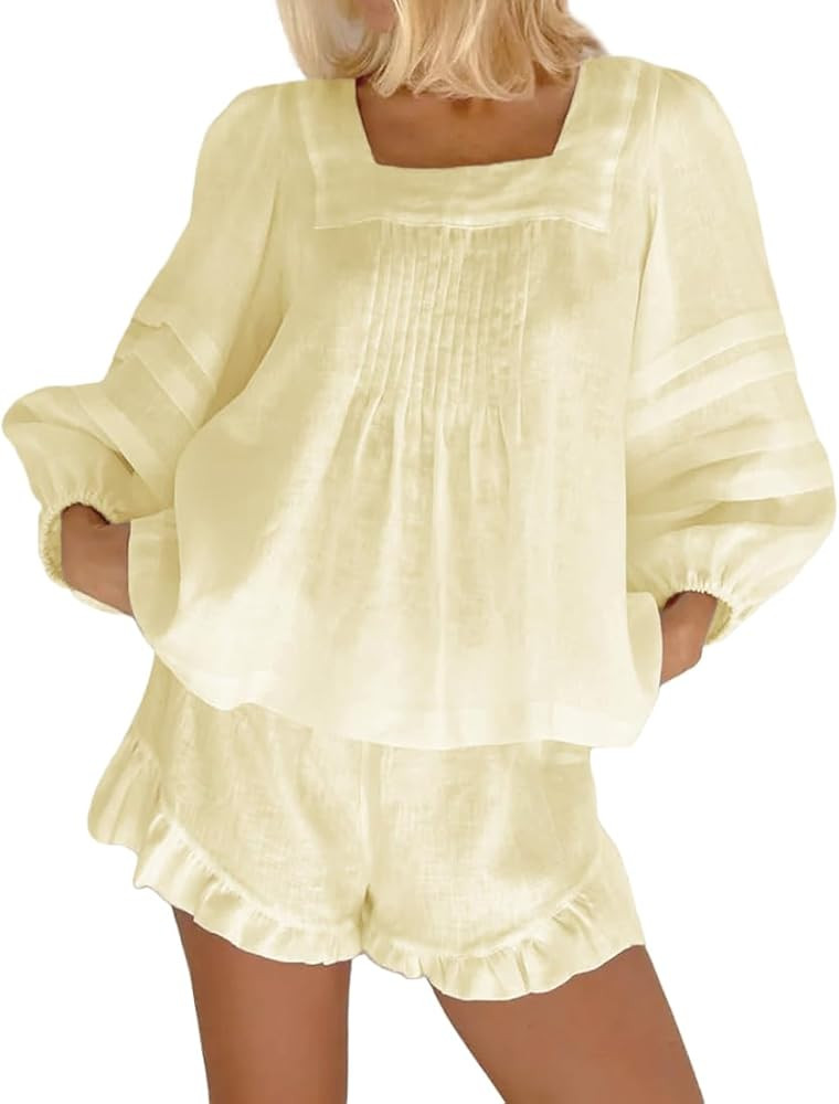 Womens 2 Piece Sets Puff Long Sleeve Square Neck Top and Ruffle Shorts Cotton Pajamas Set | Amazon (US)