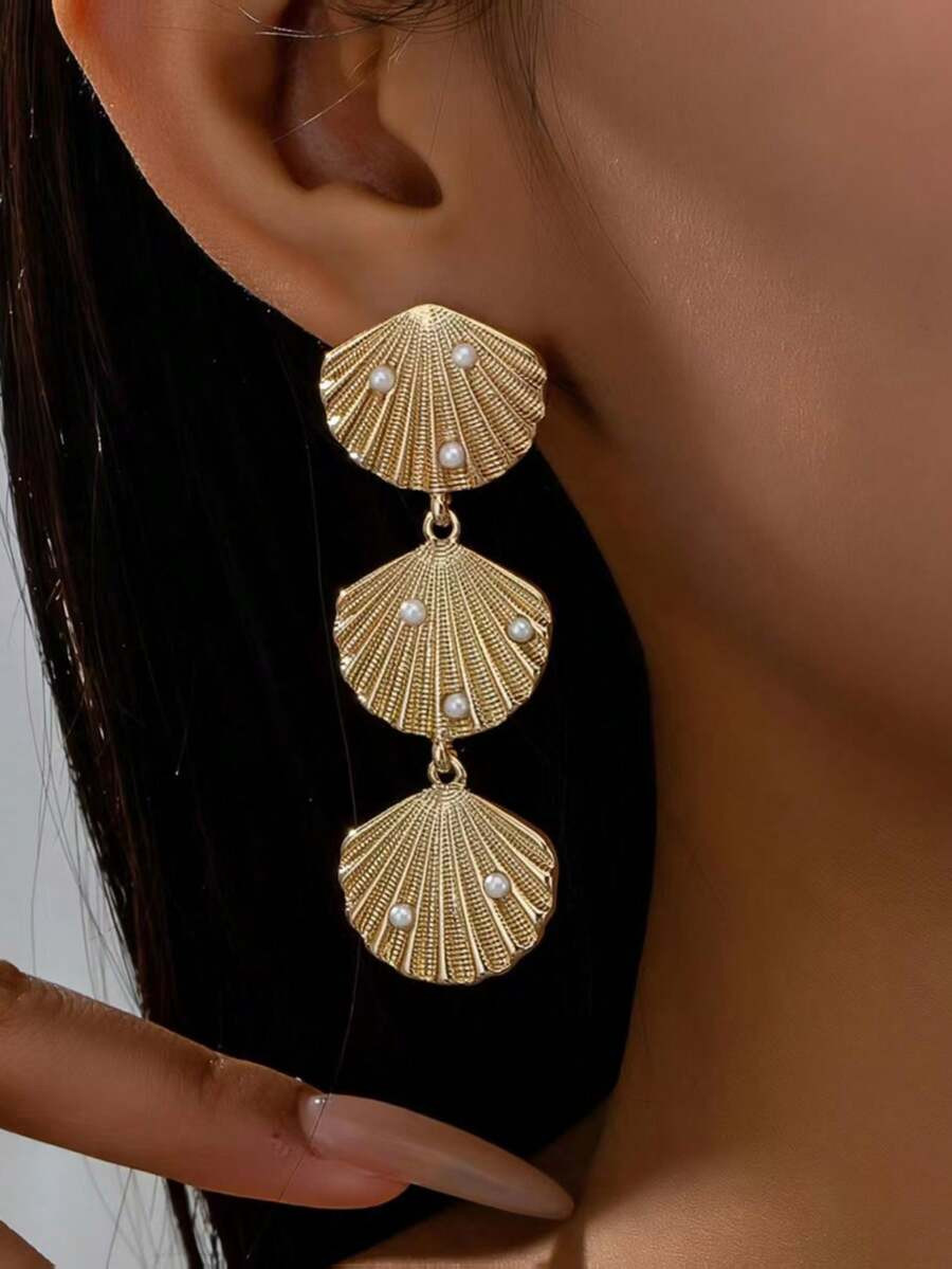 1 Pair Glamorous Fashionable Exaggerated Metal Long Shell Pearl Triple Pendant Women's Stud Earri... | SHEIN