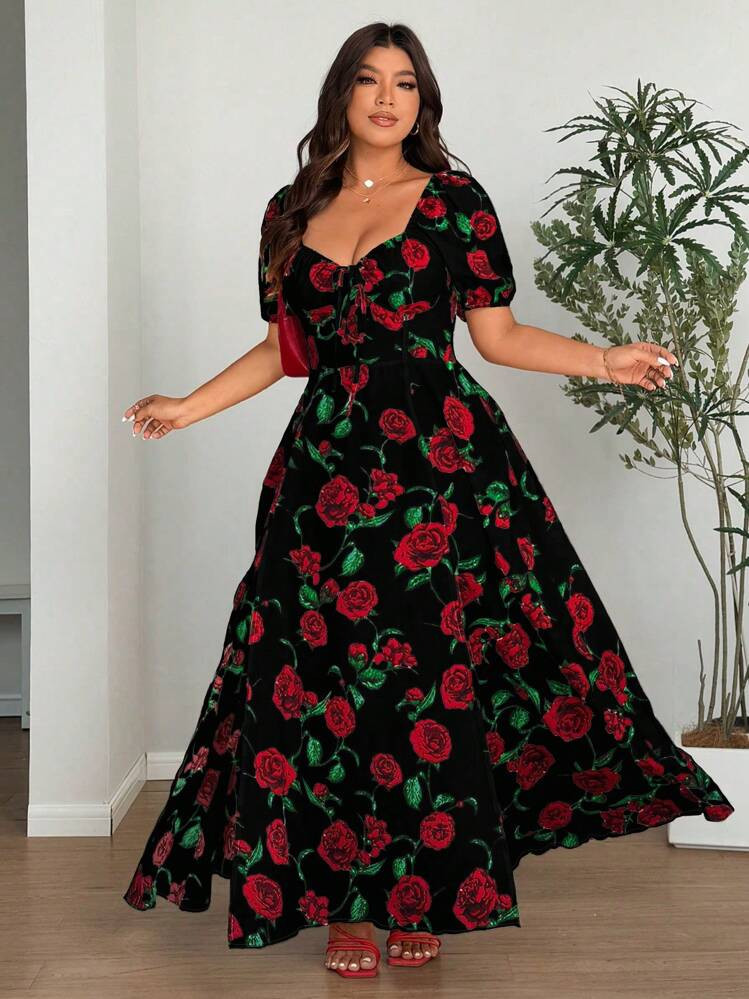Flirla Plus-Size Women's Rose Large A-Line Sexy Split New Year's Day Valentine's Day Dress | SHEIN