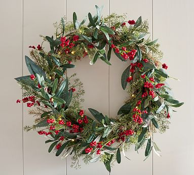 Lit Faux Eucalyptus and Berry Wreath & Garland | Pottery Barn (US)