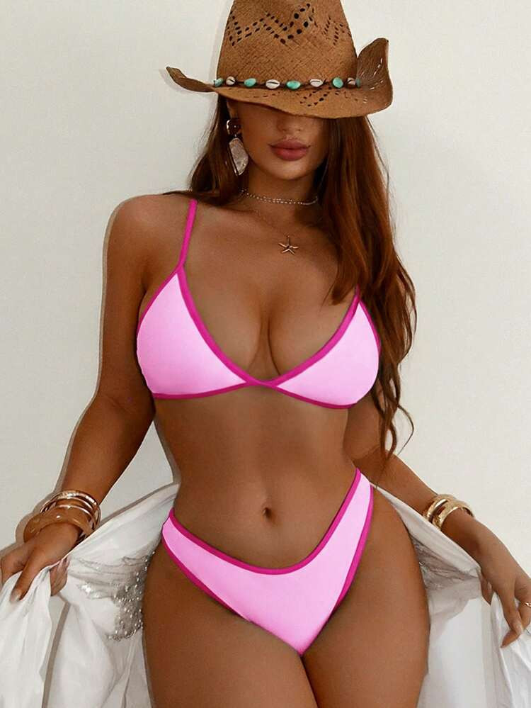 SHEIN Swim SXY Summer Beach Binding Trim Bikini Set Triangle Bra & High Cut Bottom 2 Pieces Bikini Pink Swimsuitswimsuit Setswimwear Women | SHEIN
