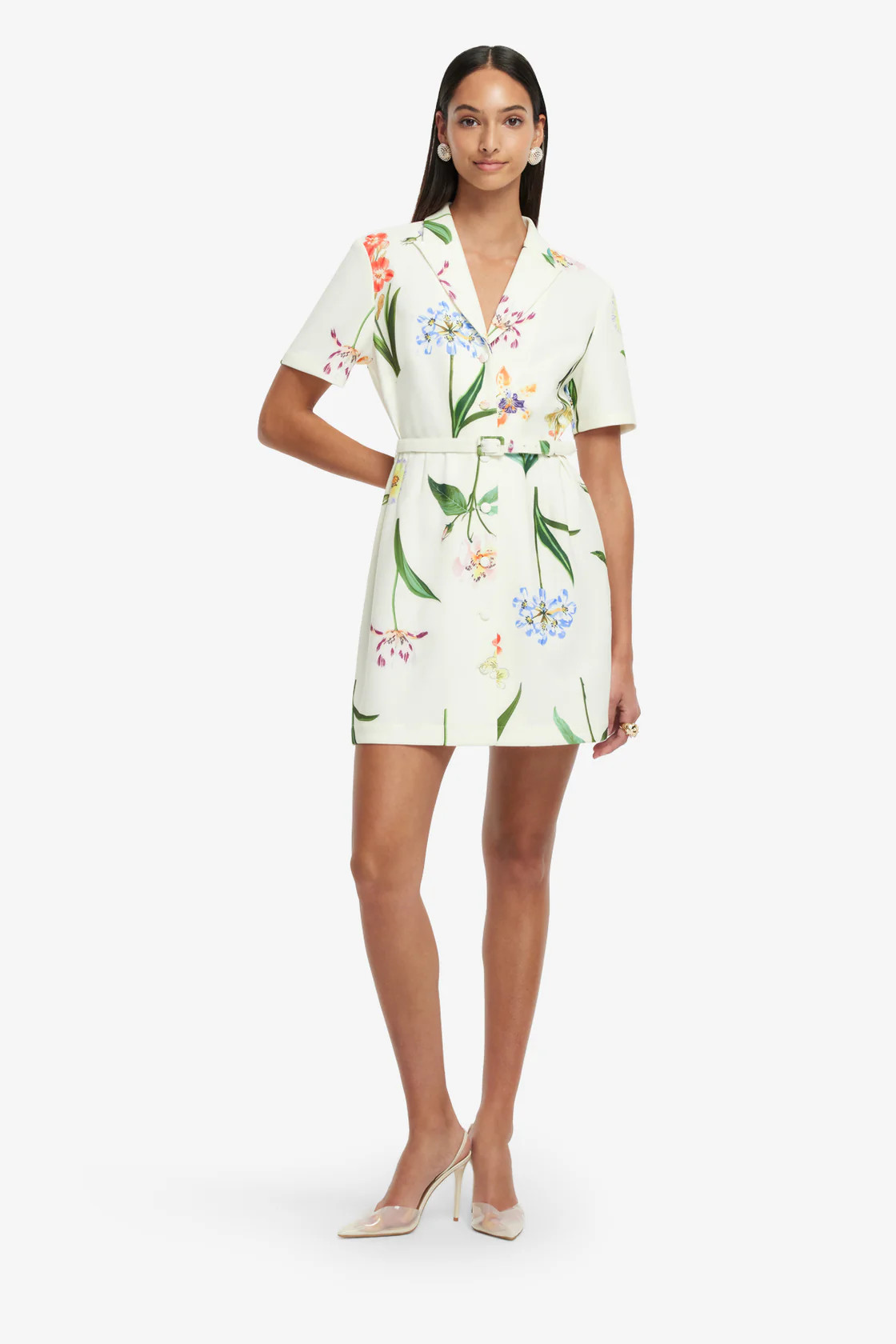 Brigitte Mini Dress - Botanical Print in Snow | LEO LIN US