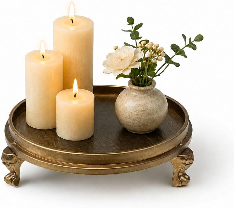 Vintage Antique Brass Clawfoot Tray, Round Pedestal Candle and Jewelry Dish, Decorative Metal Van... | Amazon (US)