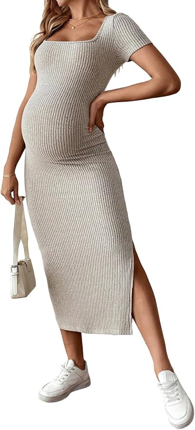 SHENHE Women's Maternity Dress Square Neck Short Sleeve Ribbed Bodycon Slit Dress Pregnancy | Amazon (US)