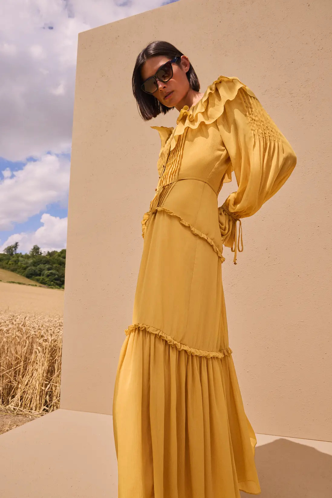 Ruffle Front Crinkle Georgette Woven Maxi Dress | Karen Millen UK + IE + DE + NL