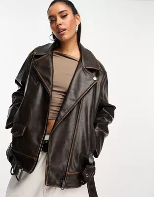 ASOS DESIGN washed faux leather biker jacket in brown | ASOS | ASOS (Global)