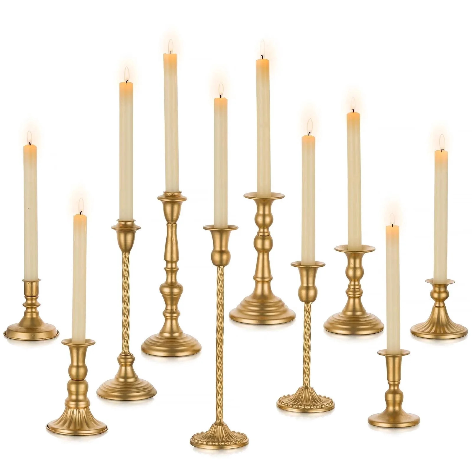 Nuptio Set of 10 Brass Gold Candlestick Holders, Tall Bronze Metal Taper Candle Holders for Vintage Dinning Table Centerpiece Mantel Decoration | Walmart (US)