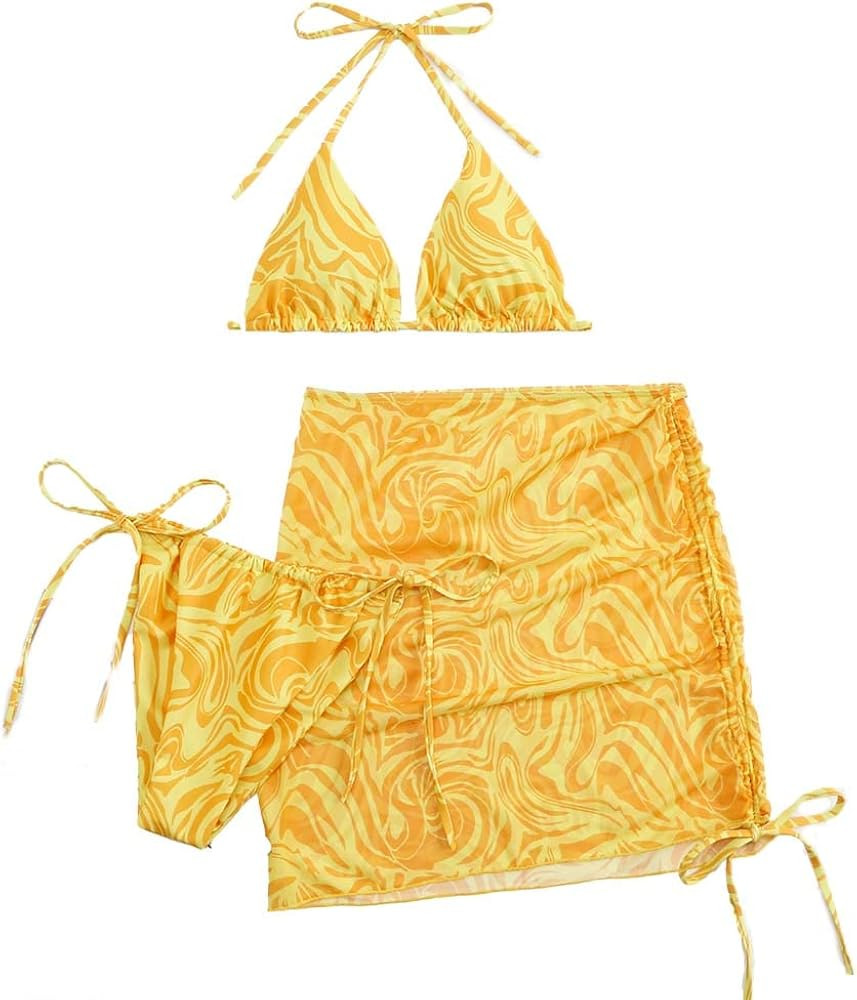 Women's 3 Piece Triangle Halter Bikini Set with Drawstring Cover Up Printed Swimsuits Striped Bat... | Amazon (US)