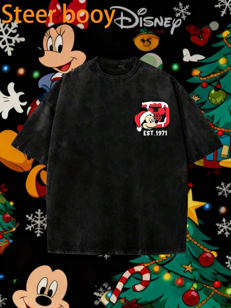 Disney (Double-Sided Printing )Merry Christmas Printed Summer Fashion  Retro Washed Pure Cotton T... | SHEIN