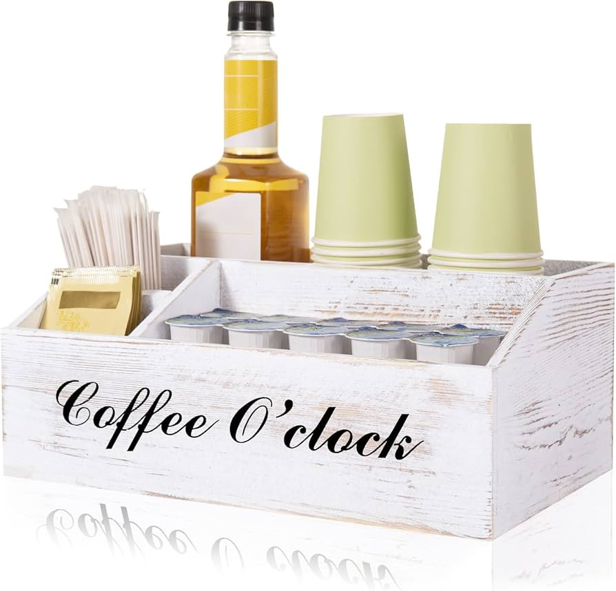 Coffee Station Organizer, Wooden Coffee Bar Accessories Organizer for Countertop, Rustic White Co... | Amazon (US)