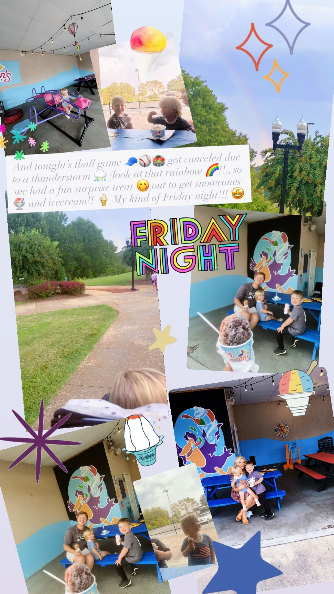 And tonight’s tball game 🧢⚾️🏟️ got canceled due to a thunderstorm ⛈️ (look at that rainbow 🌈!!), so we had a fun surprise treat 😋 out to get snowcones 🍧 and icecream!! 🍦 My kind of Friday night!!! 🤩