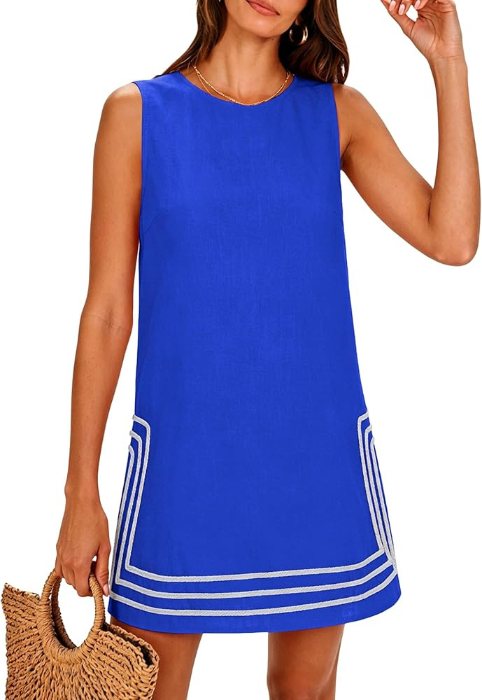 Lentta Womens Summer Boho A-Line Mini Dress Casual Color Block Crewneck Sleeveless Sundress Beach... | Amazon (US)