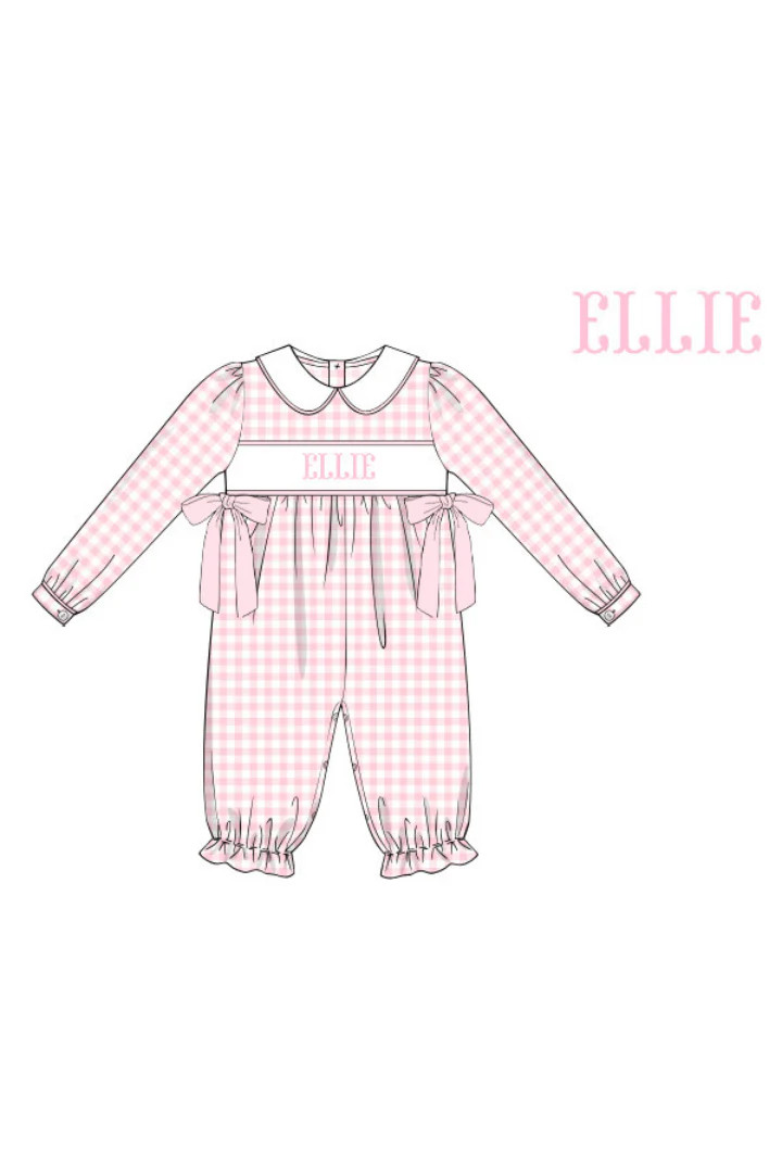 Pre-Order Hand Smocked Pink Gingham Bow Custom Name Romper | The Smocked Flamingo