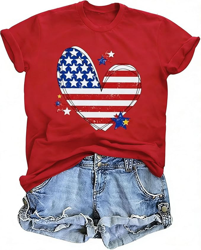 USA Flag Tee Shirt for Women 4th of July Memorial Day Gift T Shirt Casual Short Sleeve American P... | Amazon (US)