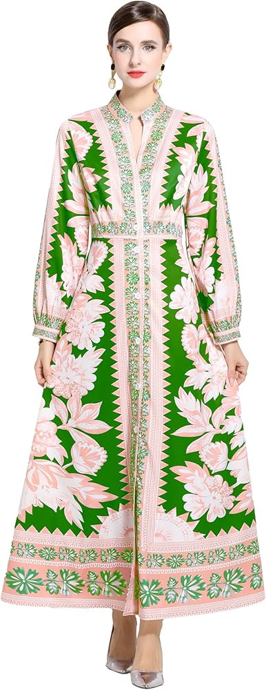 LAI MENG FIVE CATS Women's Casual Floral Print V-Neck Button up Slit Maxi Dress | Amazon (US)