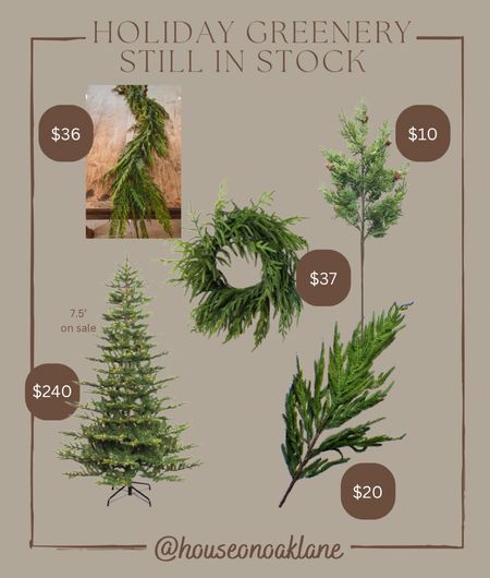 Holiday greenery still in stock 

Real touch garland, Christmas tree, cedar stem, Norfolk pine wreath 