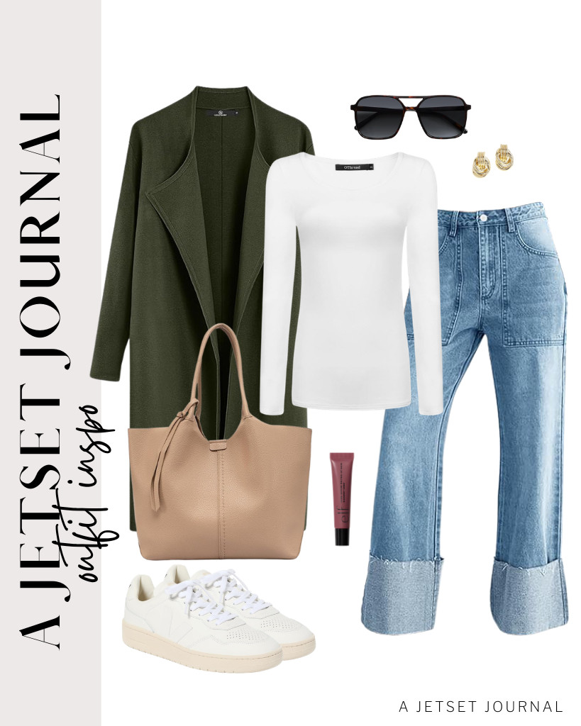 This outfit is perfect for casual Fridays or evening dinners. Start with an army green long coat layered over a white top. Pair it with cuffed denim pants and Veja V-90 sneakers to create a sharp look. To complete the outfit, add a trendy tote bag for your essentials. 

 #LTKSeasonal #LTKSaleAlert #LTKTravel