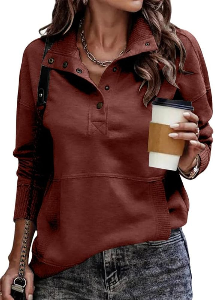 SHEWIN Womens Sweatshirt Casual Long Sleeve Lightweight Sweatshirts Button Loose Pullover Tops | Amazon (US)