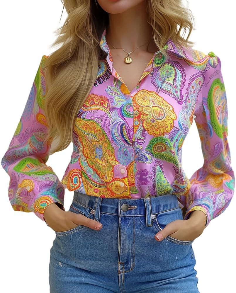 Long Sleeve Blouses for Women Button Down Shirts Dressy Casual Blouse Work Boho Tops 2025 | Amazon (US)