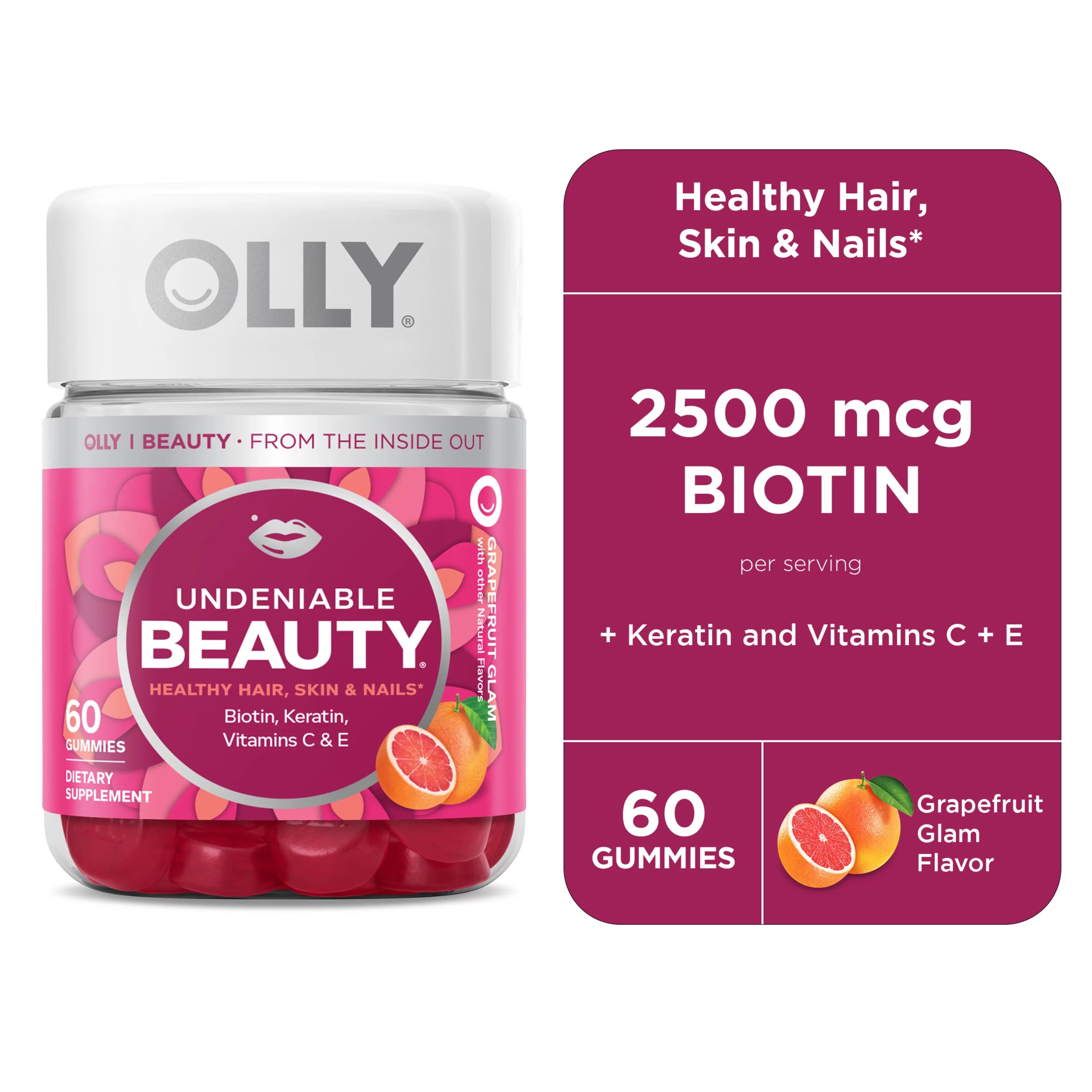 OLLY Undeniable Beauty Gummy, Supplement for Hair, Skin, Nails, Grapefruit, 60 Ct | Walmart (US)
