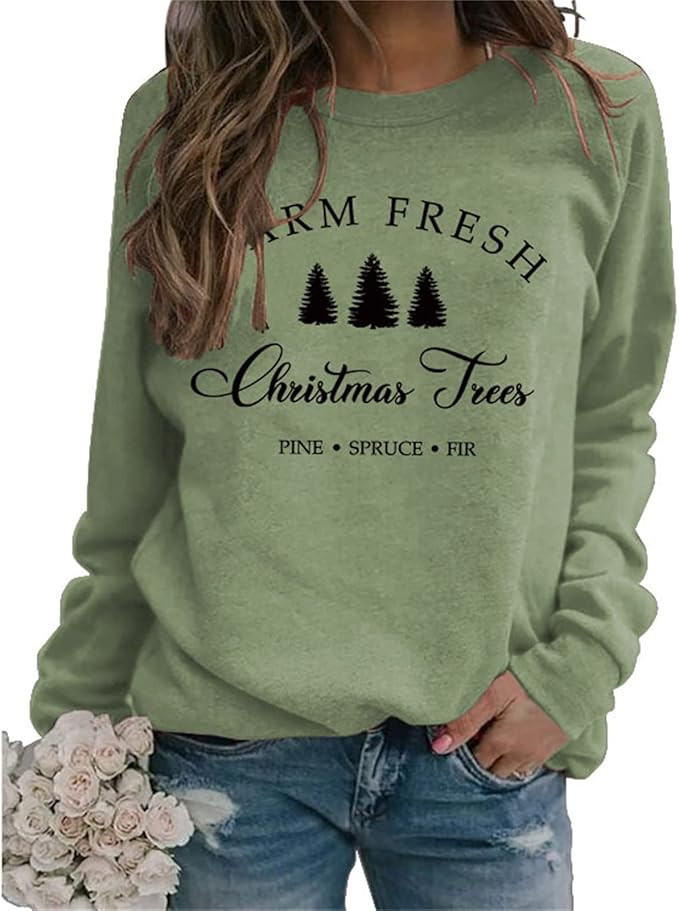 Fresh Christmas Trees Sweatshirt for Women, Funny Letter Print Long Sleeve Xmas Shirt Holiday Pul... | Amazon (US)