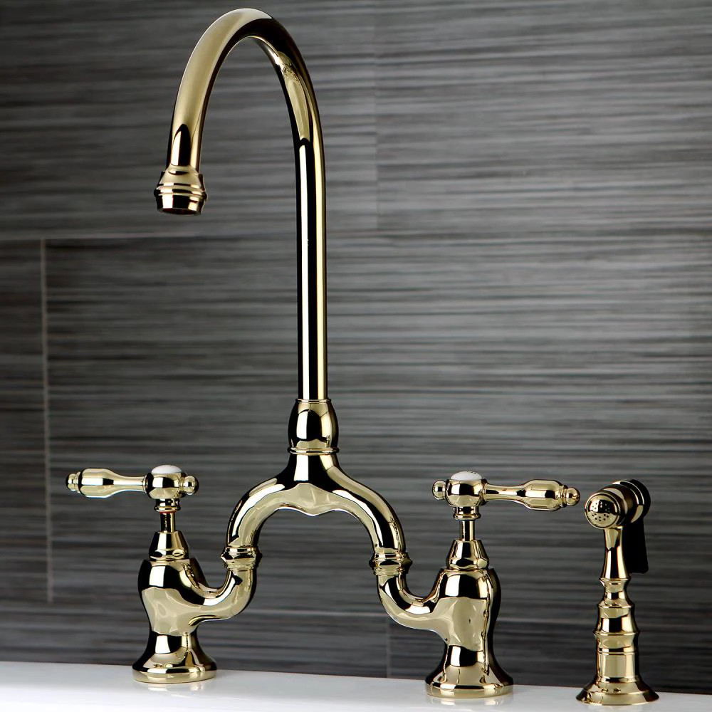 Kingston Brass Tudor Polished brass Single Handle Deck-mount Bridge Kitchen Faucet with Sprayer ( Side Sprayer Included ) | WLKS7792TALBS | Lowe's