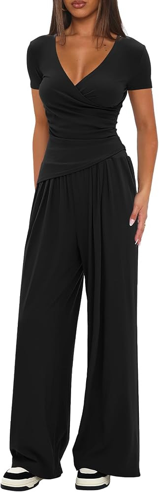 Darong Women's 2 Piece Lounge Fall Outfits Sets Warp V Neck Short/Long Sleeve Shirts and Wide Leg... | Amazon (US)