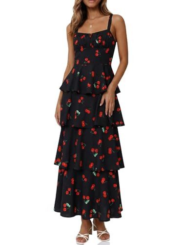 Fisoew Womens Floral Maxi Dresses Spaghetti Strap Casual Sleeveless Ruffle Flowy Tiered Dress | Amazon (US)