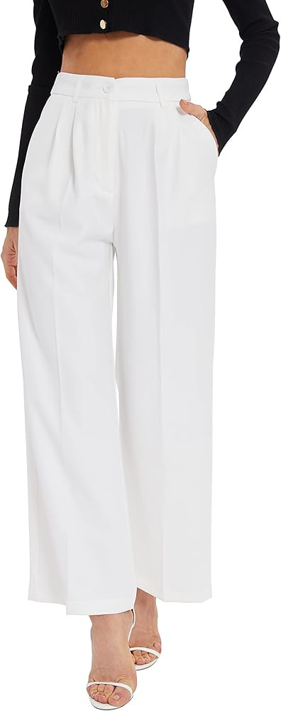 FUNYYZO Women's Wide Leg Pants High Elastic Waisted in The Back Business Work Trousers Long Strai... | Amazon (US)