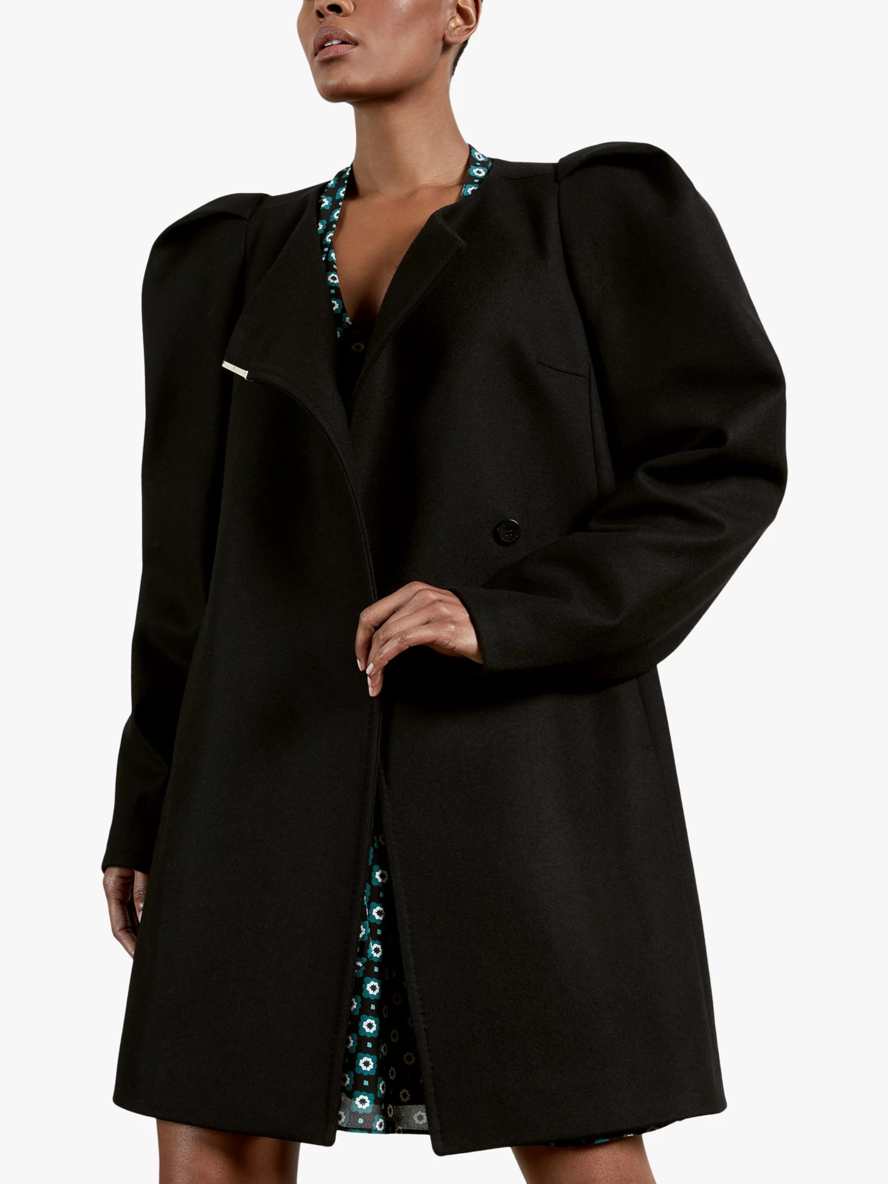 Ted Baker Zylaa Wool Blend Puff Shoulder Coat, Black | John Lewis (UK)