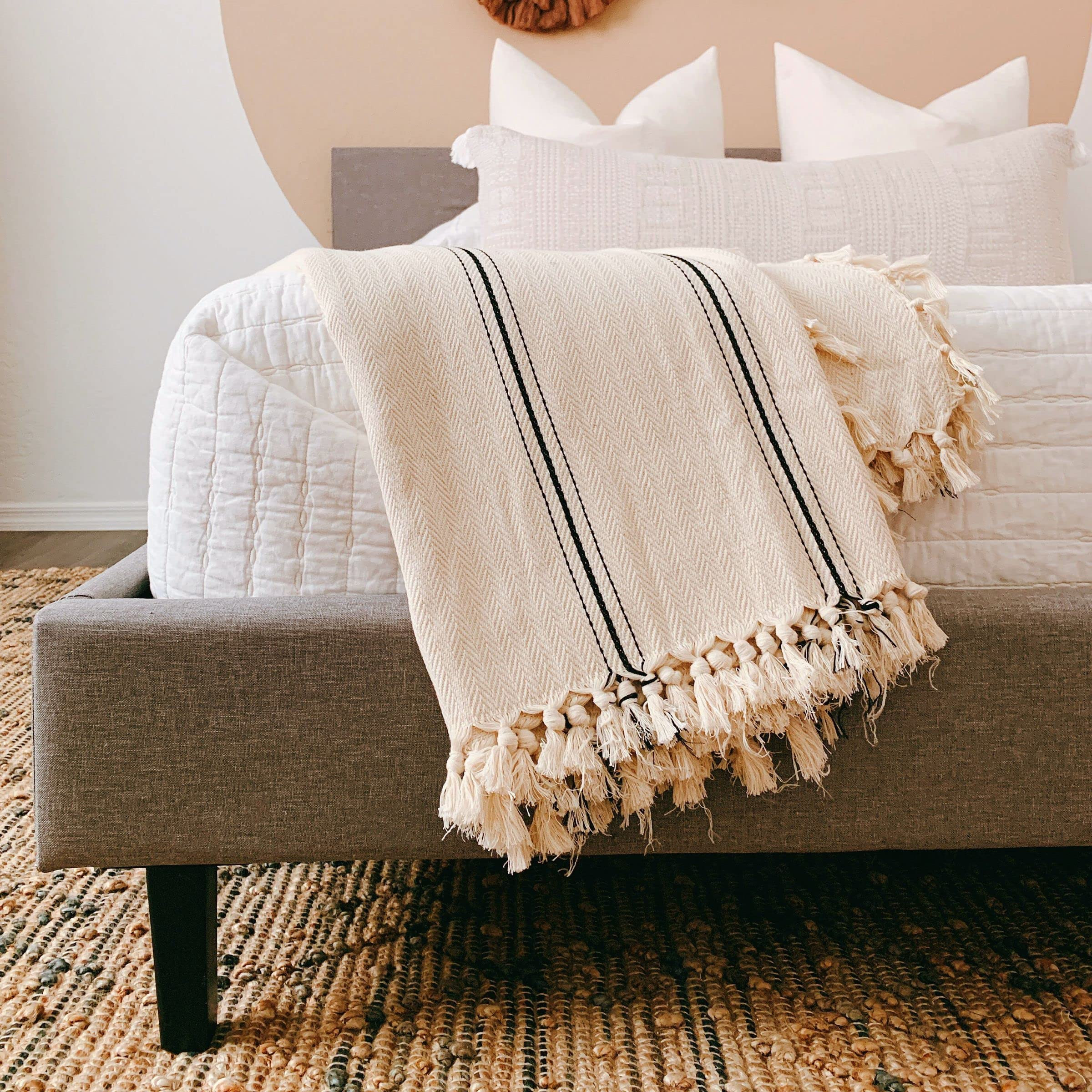 The Loomia Sophie Turkish Cotton Boho Farmhouse Throw Blanket (Extra Large 65" X 85", Cream Ecru ... | Amazon (US)