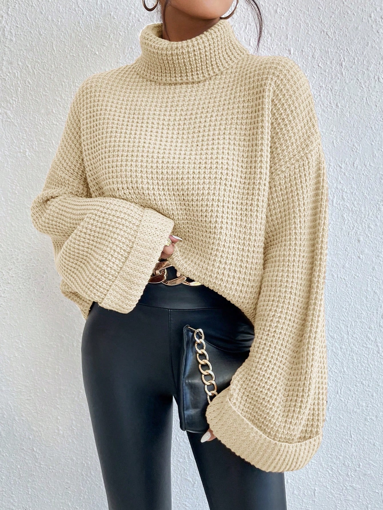 SHEIN Essnce Turtleneck Drop Shoulder Waffle Knit Sweater | SHEIN