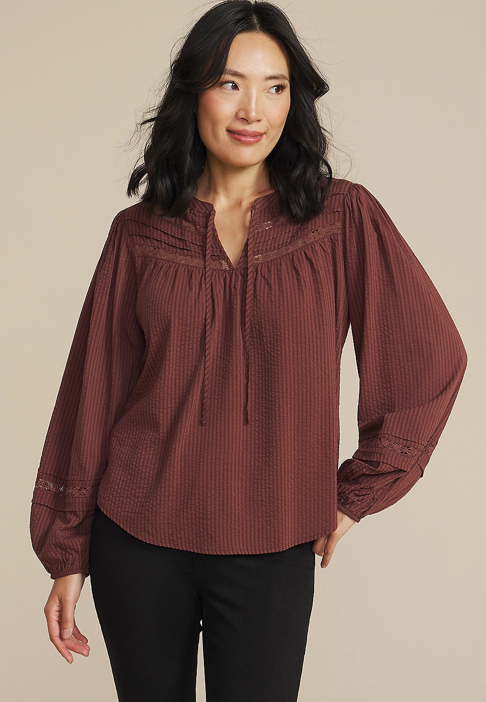 Brown Shadow Striped Peasant Blouse | Maurices