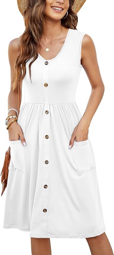 MOLERANI Women Summer Dresses Sleeveless Casual Loose Swing Button Down Midi Dress with Pockets | Amazon (US)