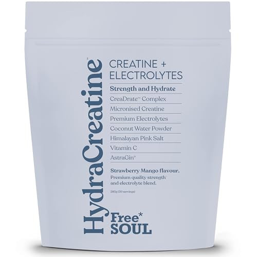 HydraCreatine™ Creatine Monohydrate & Electrolytes Powder | Hydrate, Performance & Strength All in 1 with Magnesium, Vitamin C, Biotin & Coconut Water | Strawberry Mango Flavoured | Free Soul | Amazon (UK)