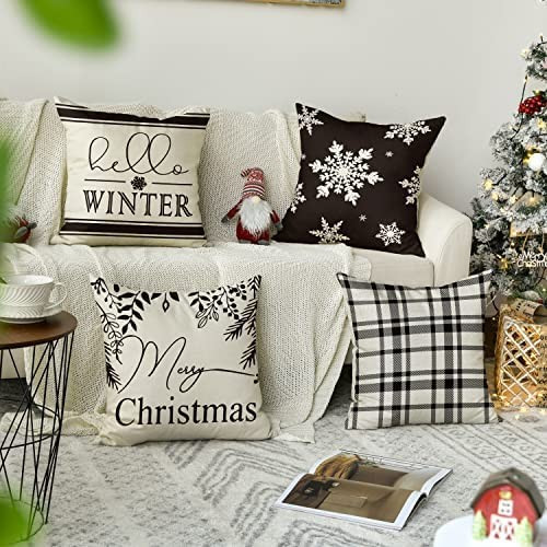AVOIN colorlife Merry Christmas Hello Winter Buffalo Plaid Snowflake Throw Pillow Cover, 18 x 18 ... | Amazon (US)