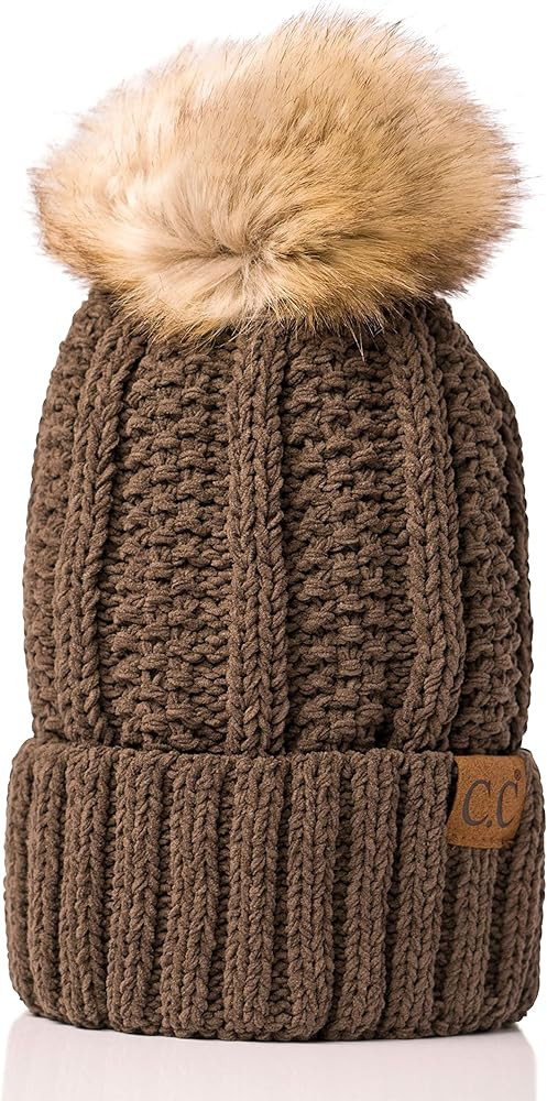 C.C Thick Cable Knit Faux Fuzzy Fur Pom Fleece Lined Skull Cap Cuff Beanie | Amazon (US)