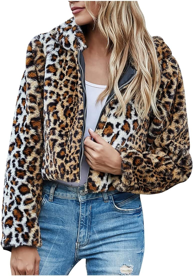 Maqroz Womens Leopard Print Sherpa Jackets Long Sleeve Full Zip Fleece Fuzzy Lapel Faux Fur Coats... | Amazon (US)