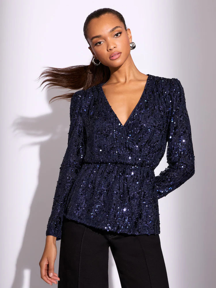 Lipsy Navy Sequin Long Sleeve Wrap Top | Next US