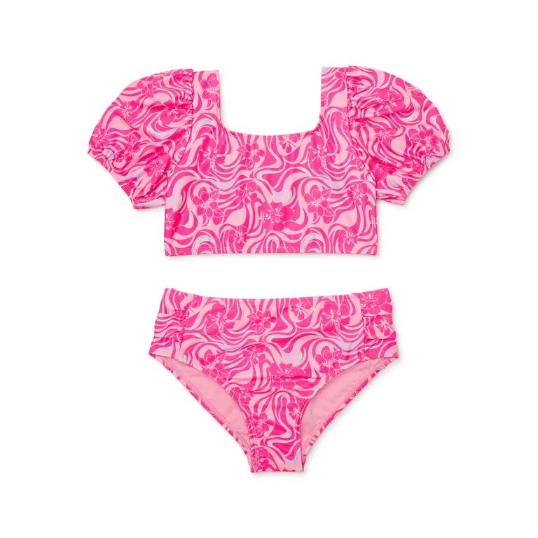Wonder Nation Girls Puff Sleeve Bikini Swimsuit with UPF 50, Sizes 4-16 - Walmart.com | Walmart (US)