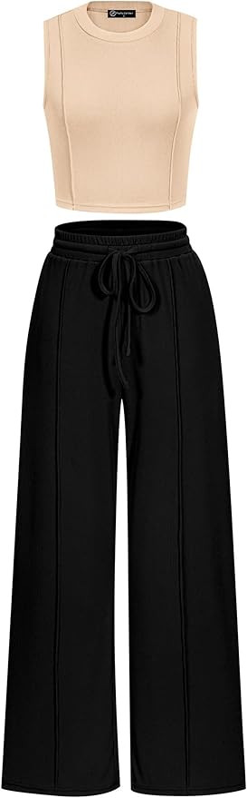 PRETTYGARDEN Women's Summer 2 Piece Loungewear Set Cropped Tank Top Wide Leg Sweatpants Tracksuit... | Amazon (US)