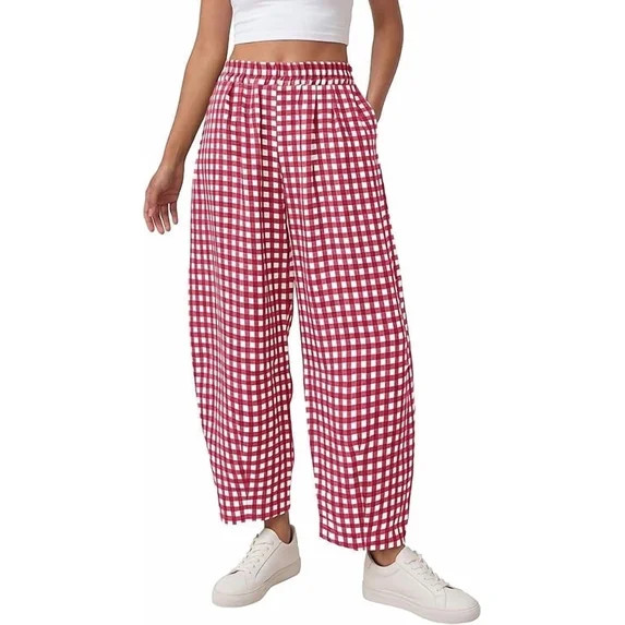 PRETTYGARDEN Plaid Barrel Pants Women Summer Casual Loose Wide Leg Lounge Gingham Trousers Spring... | Walmart (US)