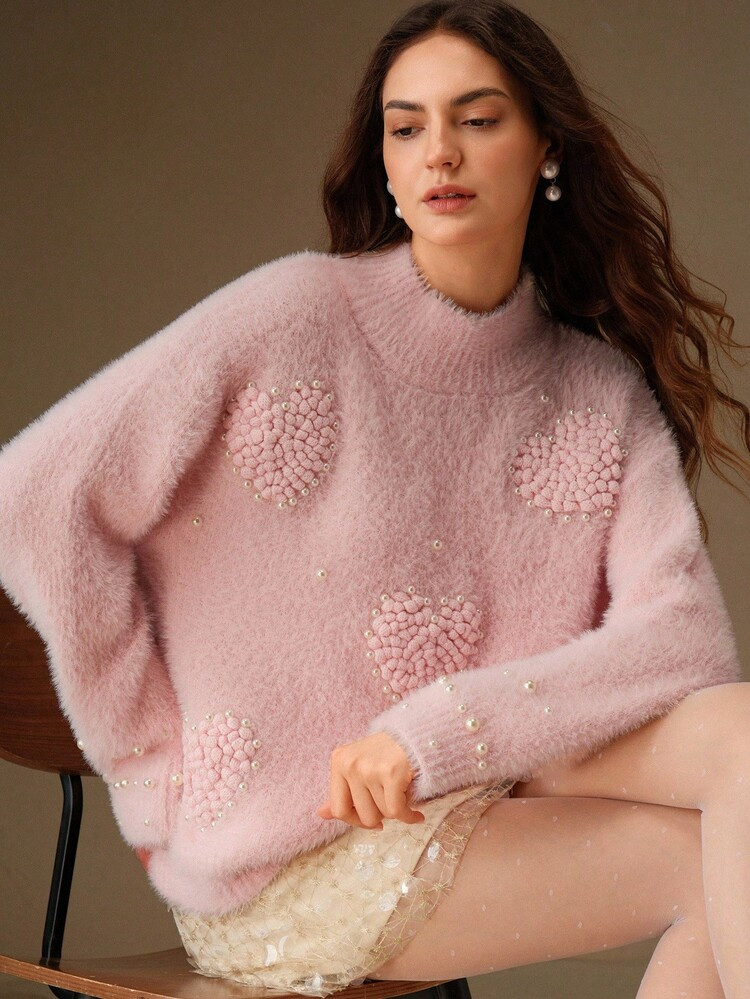 Anewsta Elegant French Chic Slouchy Oversized Pearl Embellished Heart Flor | SHEIN