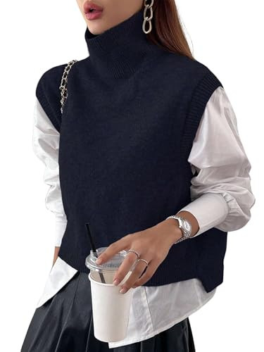 Naileksi Women Turtleneck Crop Sweater Vest Sleeveless High Neck Solid Loose Fit Knitted Causal Jumper Top Streetwear Navy Blue | Amazon (US)