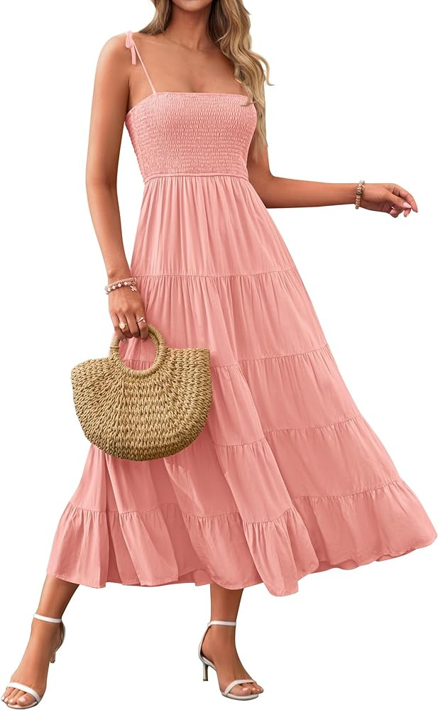 PRETTYGARDEN Womens Casual Spaghetti Straps Sleeveless Smocked Tiered Fit And Flared Bohemian Flo... | Amazon (US)