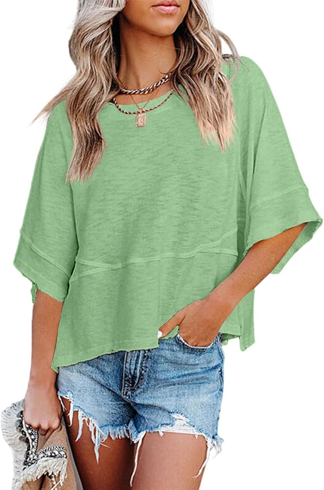 Women's Summer Casual Crewneck Batwing Half Sleeve T-Shirts Solid Color Loose Fit Cute Basic Flow... | Amazon (US)