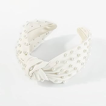 Pearl Knotted Women Headband Leather White Beaded Luxury Pearly Hair Band Summer Fashion Wide Hea... | Amazon (US)